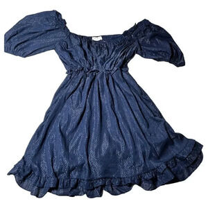 By The River Swiss Dot Puff Sleeve Navy Short Dress Off Shoulder Size Medium